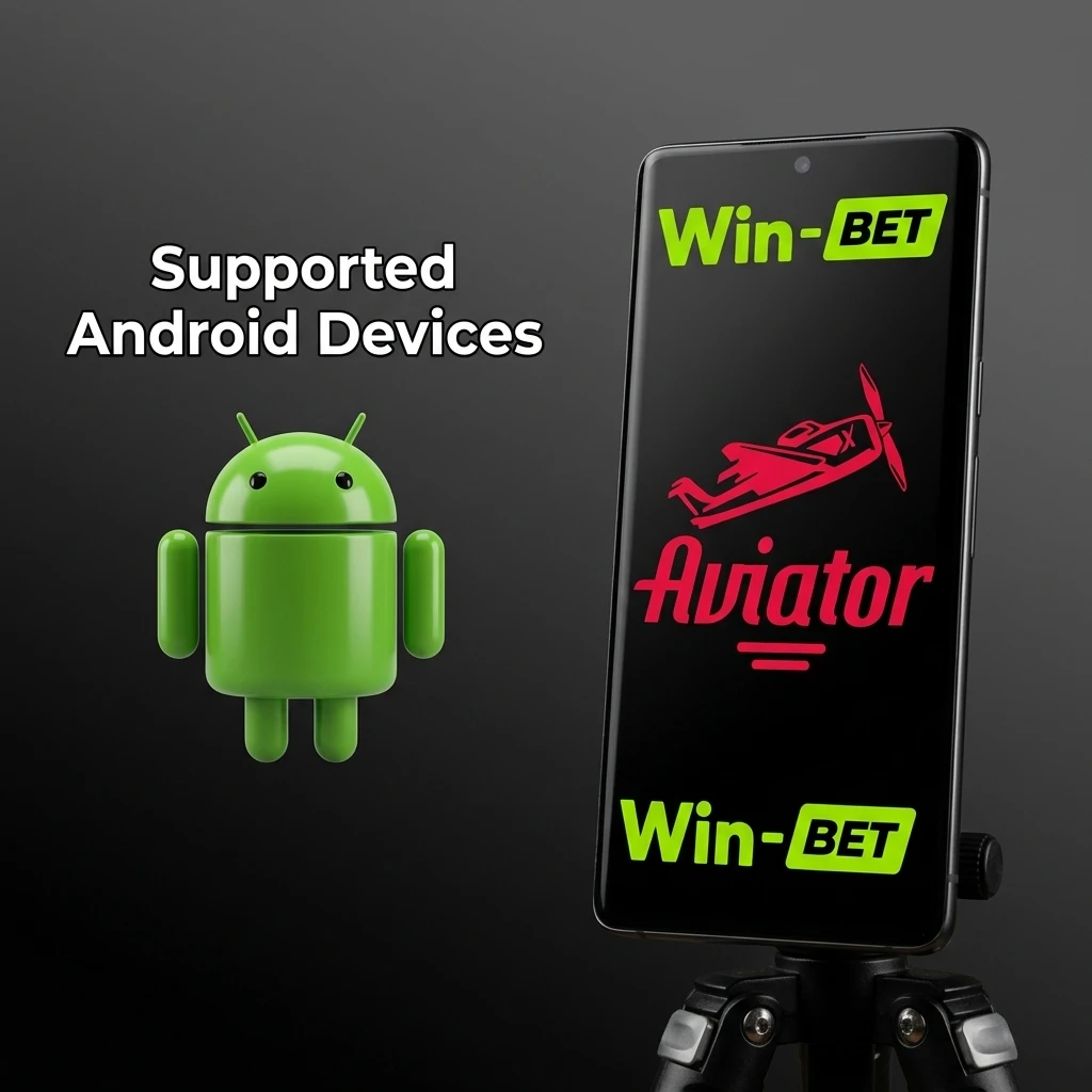 Supported Android devices for WinWin Aviator app including budget, mid-range, and flagship phones from Samsung, Redmi, and OnePlus